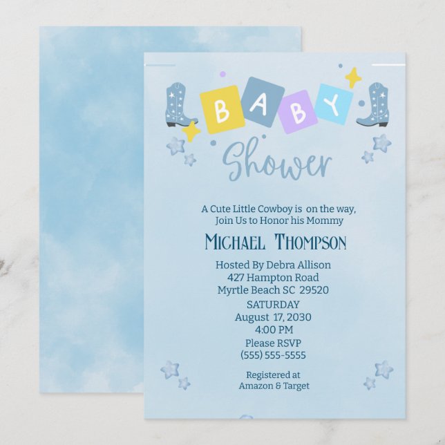 Invitación a Baby Shower de Cowboy para chicos cur (Anverso / Reverso)