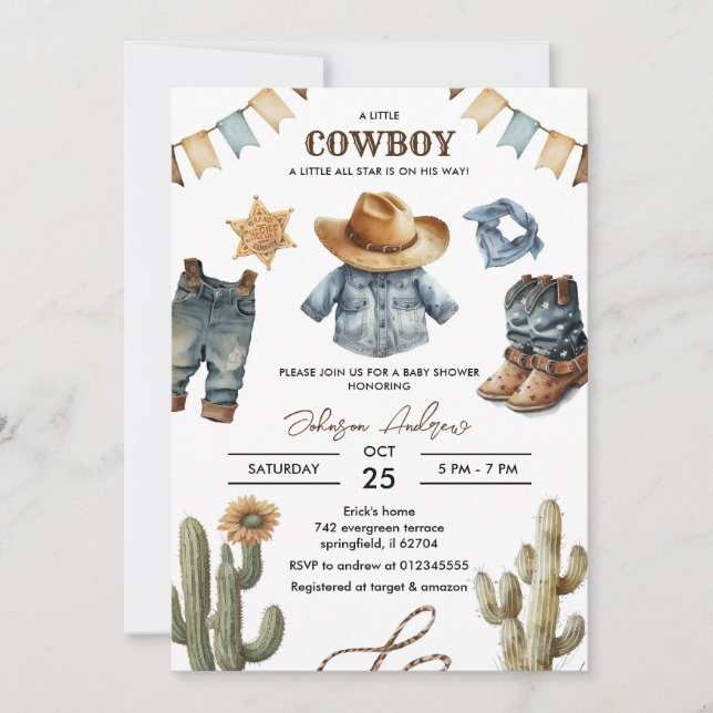 Invitación a Baby Shower de Cowboy personalizado (Anverso)
