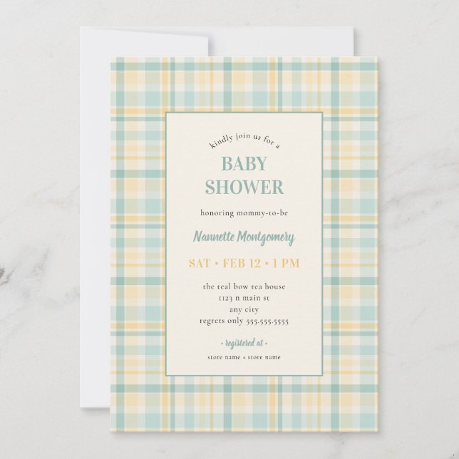 Invitación a baby shower de cuadros pastel (Anverso)