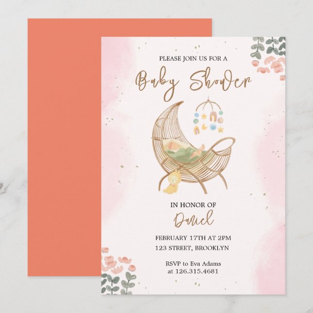 Invitación a Baby Shower de cuna rosa y marrón (Anverso / Reverso)