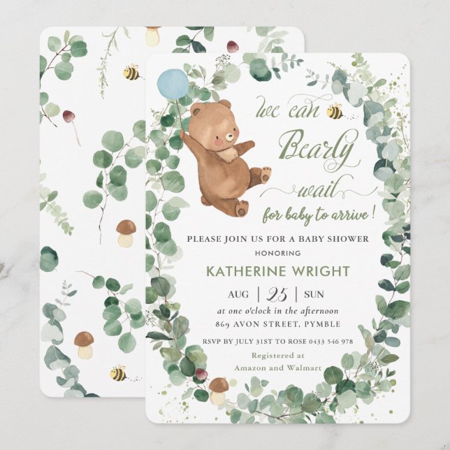 Invitación a Baby Shower de Cute Baby Bear Greener (Anverso / Reverso)