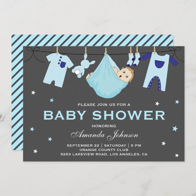 Invitación a Baby Shower de Cute Baby Boy Clothesl (Anverso / Reverso)