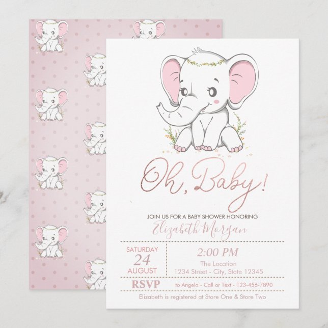 Invitación a Baby Shower de Cute Baby Elephant Dot (Anverso / Reverso)