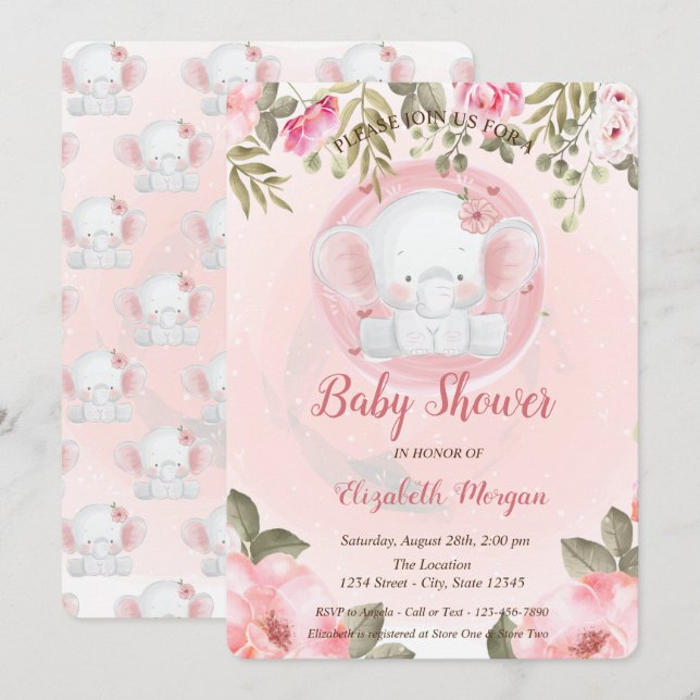 Invitación a Baby Shower de Cute Baby Elephant Flo (Anverso / Reverso)