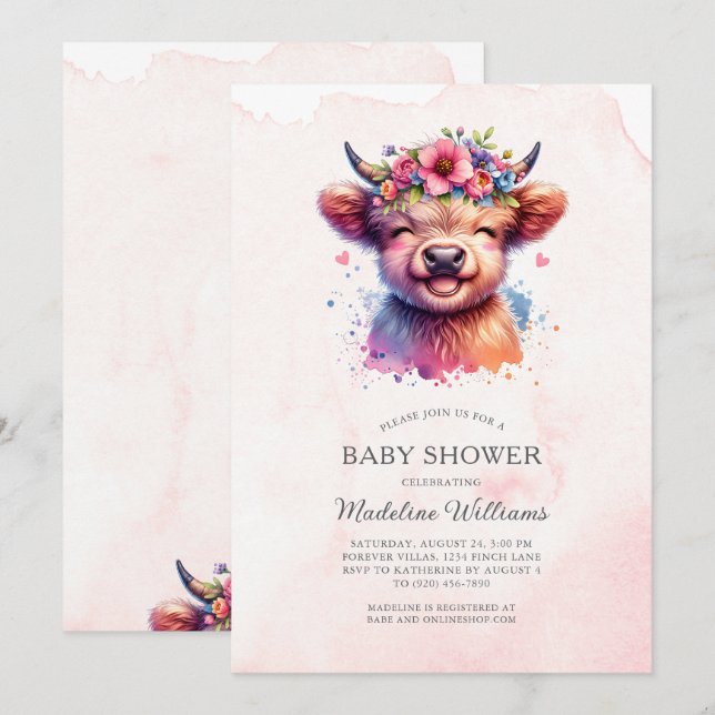 Invitación a Baby Shower de Cute Baby Highland Cow (Anverso / Reverso)