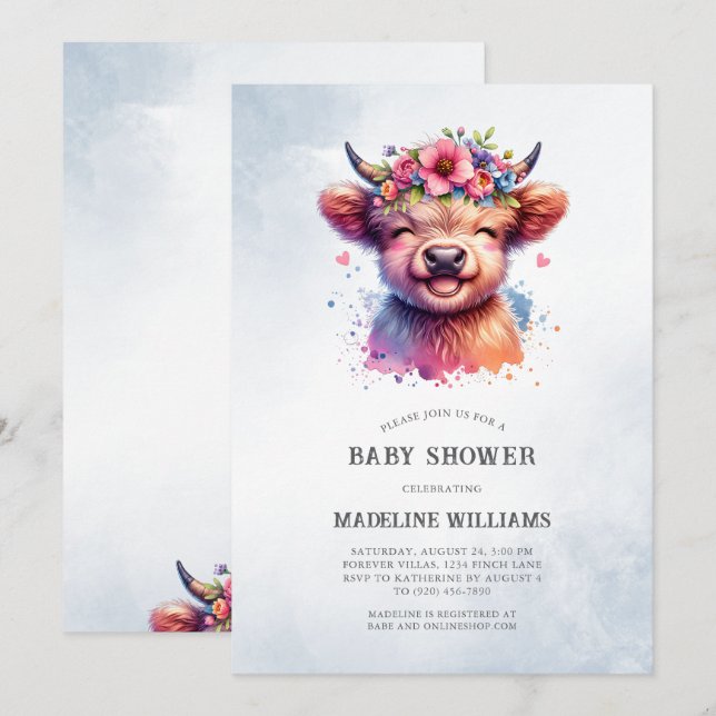 Invitación a Baby Shower de Cute Baby Highland Cow (Anverso / Reverso)