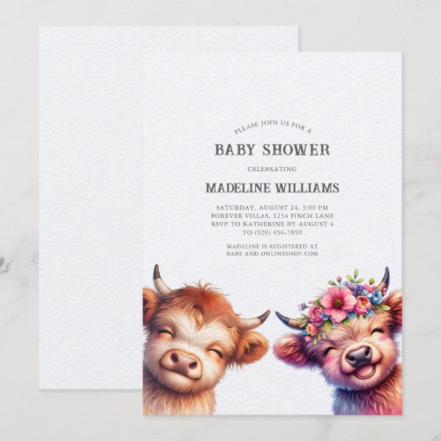 Invitación a Baby Shower de Cute Baby Highland Cow (Anverso / Reverso)