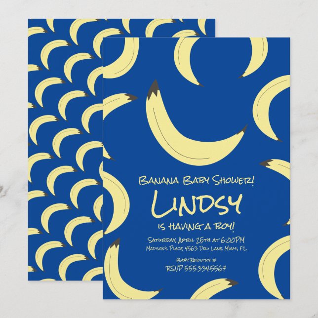 Invitación a Baby Shower de Cute Banana Blue Boy (Anverso / Reverso)