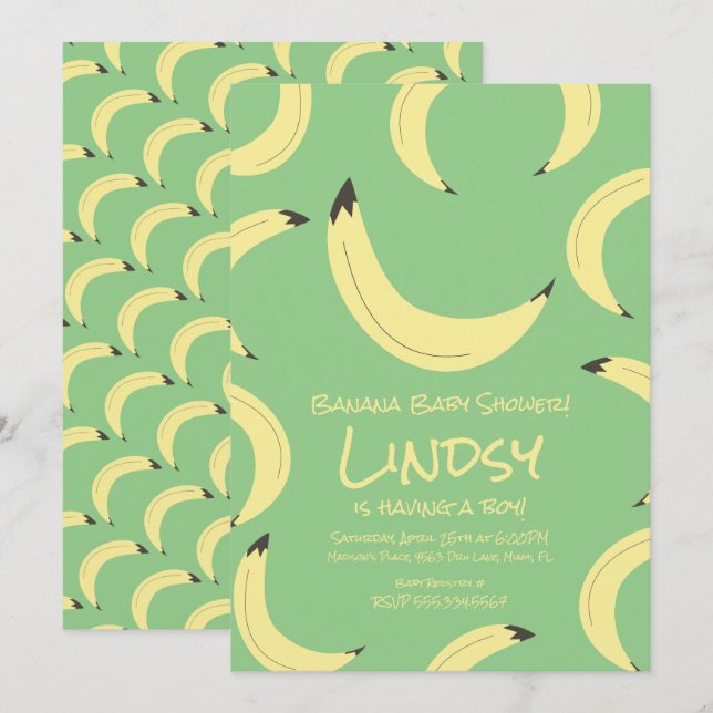 Invitación a Baby Shower de Cute Banana Green Boy (Anverso / Reverso)