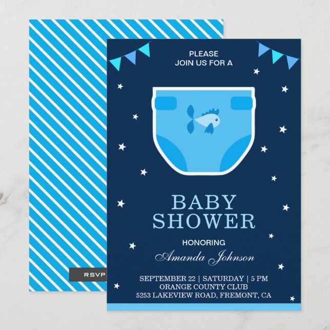 Invitación a Baby Shower de Cute Blue Boys Diaper (Anverso / Reverso)