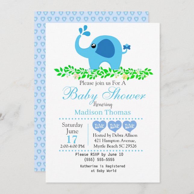 Invitación a Baby Shower de Cute Blue Elephant Boy (Anverso / Reverso)