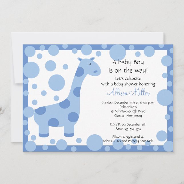 Invitación a Baby Shower de Cute Blue Giraffe Boy (Anverso)