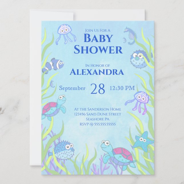 Invitación a Baby Shower de Cute Blue Under Sea Bo (Anverso)
