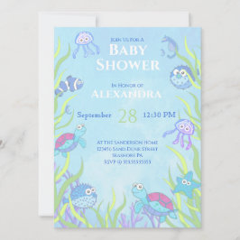 Invitación a Baby Shower de Cute Blue Under Sea Bo