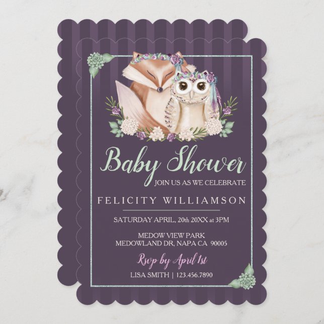 Invitación a Baby Shower de Cute Boho Forest Fox & (Anverso / Reverso)