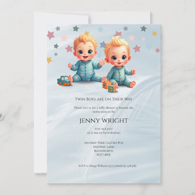 Invitación a Baby Shower de Cute Boy Twins (Anverso)