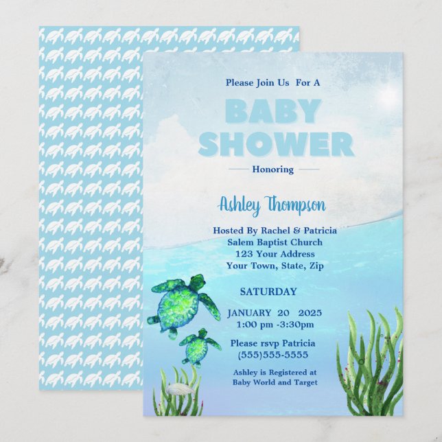 Invitación a Baby Shower de Cute Boys Sea Turtles (Anverso / Reverso)