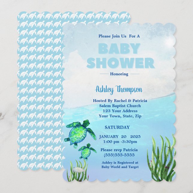 Invitación a Baby Shower de Cute Boys Sea Turtles (Anverso / Reverso)