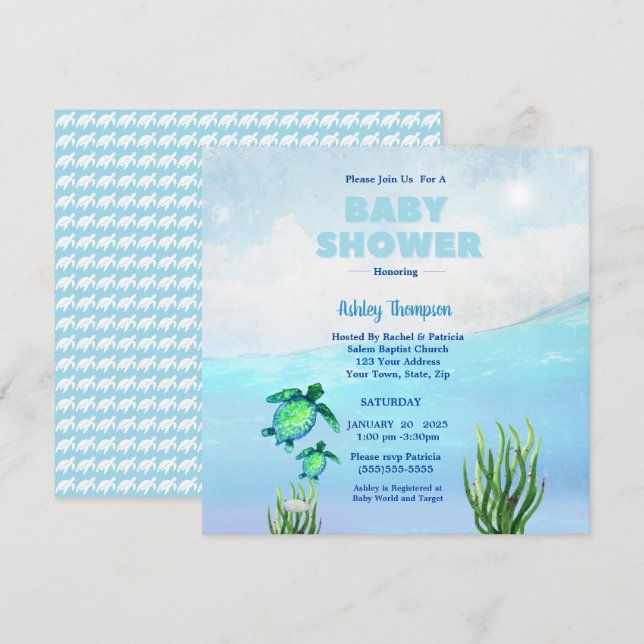 Invitación a Baby Shower de Cute Boys Sea Turtles (Anverso / Reverso)