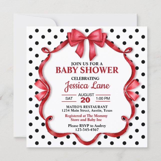 Invitación a Baby Shower de Cute Crimson Bow (Anverso)