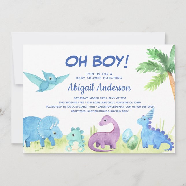 Invitación a Baby Shower de Cute Dinosaur Oh Boy (Anverso)