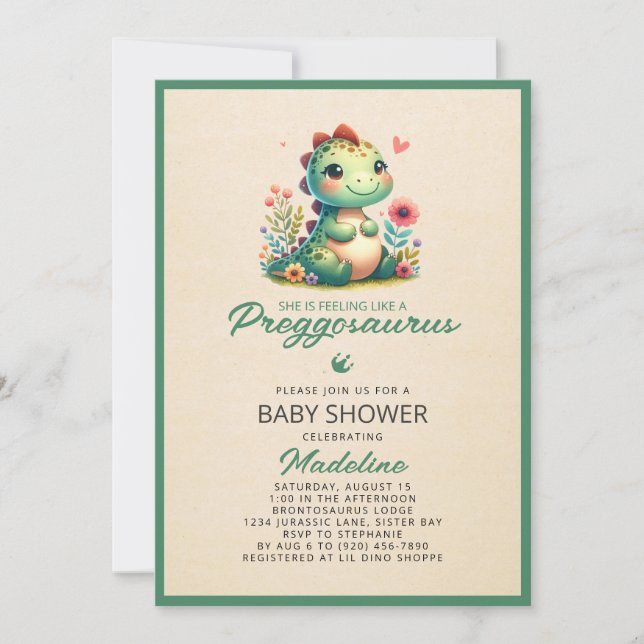 Invitación a Baby Shower de Cute Dinosaur Preggosa (Anverso)