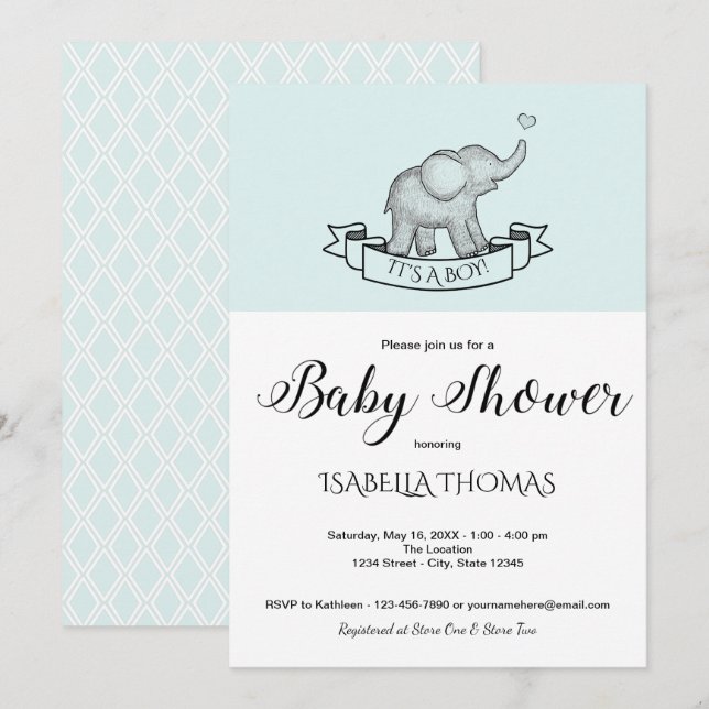 Invitación a Baby Shower de Cute Elephant Blue (Anverso / Reverso)