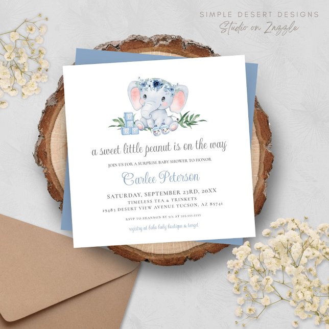 Invitación a Baby Shower de Cute Elephant Blue Boy (Cute Elephant Baby Shower Invitation with Blue Floral Vintage Vibes, Script and Typography)