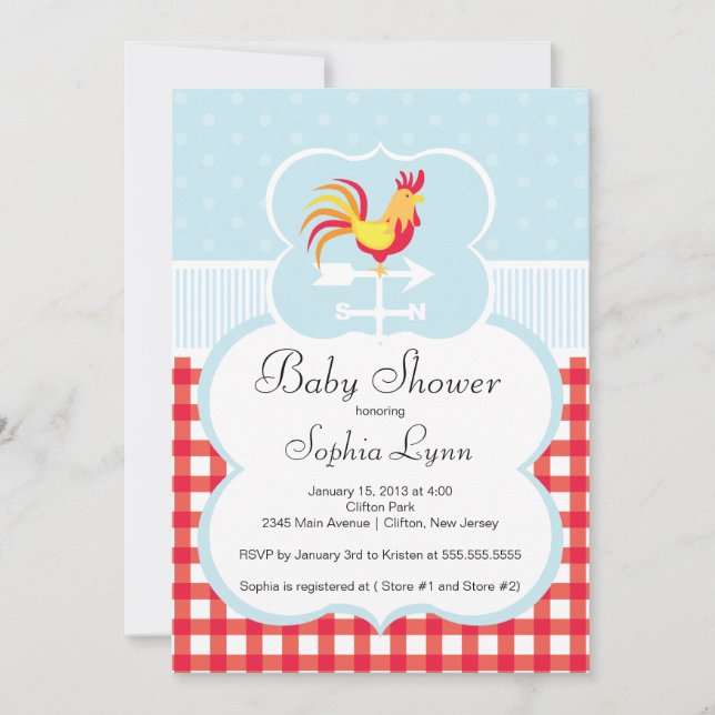 Invitación a Baby Shower de Cute Farm Roaster (Anverso)