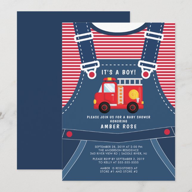 Invitación a Baby Shower de Cute Firetruck (Anverso / Reverso)