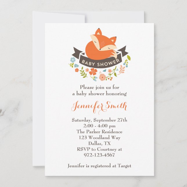 Invitación a Baby Shower de Cute Fox (Anverso)