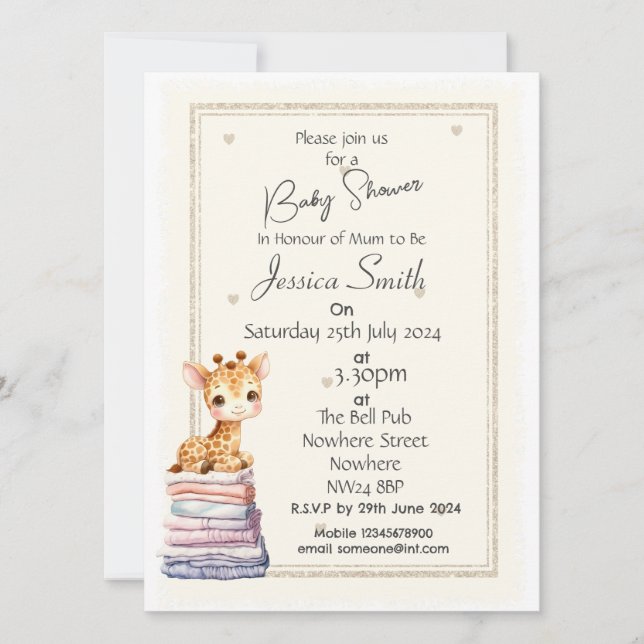 Invitación a Baby Shower de Cute Giraffe (Anverso)