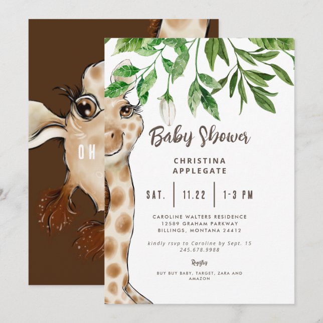 Invitación a Baby Shower de Cute Giraffe Brown (Anverso / Reverso)