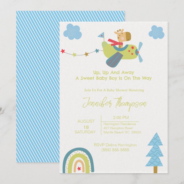 Invitación a Baby Shower de Cute Giraffe Pilot (Anverso / Reverso)