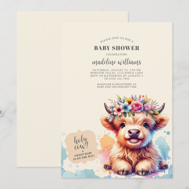 Invitación a Baby Shower de Cute Highland Cow (Anverso / Reverso)