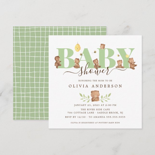 Invitación a Baby Shower de Cute Honey Bear (Anverso / Reverso)