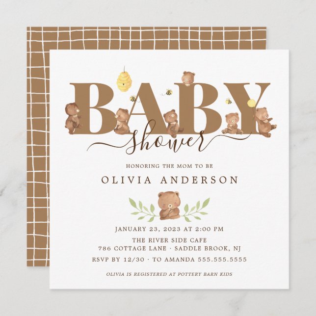 Invitación a Baby Shower de Cute Honey Bear (Anverso / Reverso)