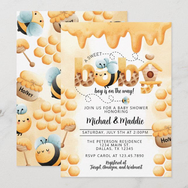 Invitación a Baby Shower de Cute Honey Bee (Anverso / Reverso)