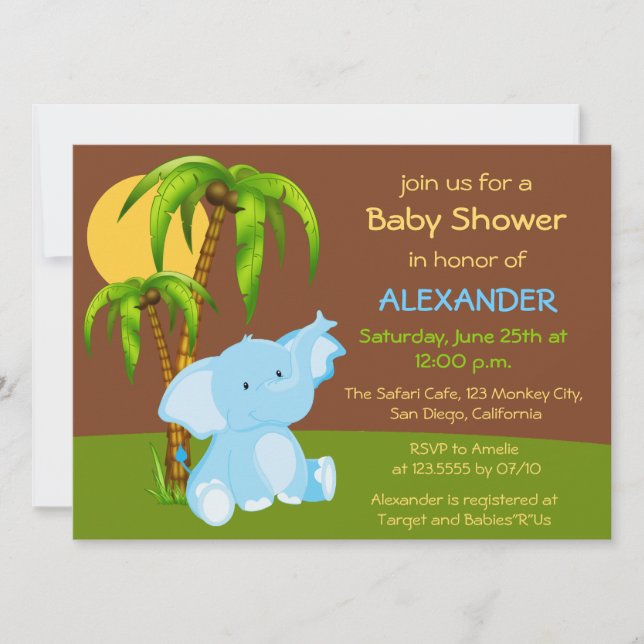 Invitación a Baby Shower de Cute Jungle Elephant B (Anverso)