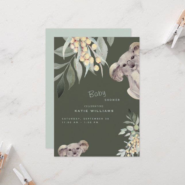 Invitación a Baby Shower de Cute Koala Bear Olive (Anverso/Reverso In Situ)