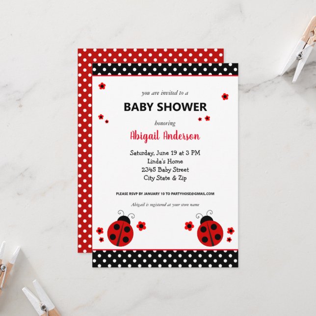 Invitación a Baby Shower de Cute Ladybug Polka Dot (Anverso/Reverso In Situ)