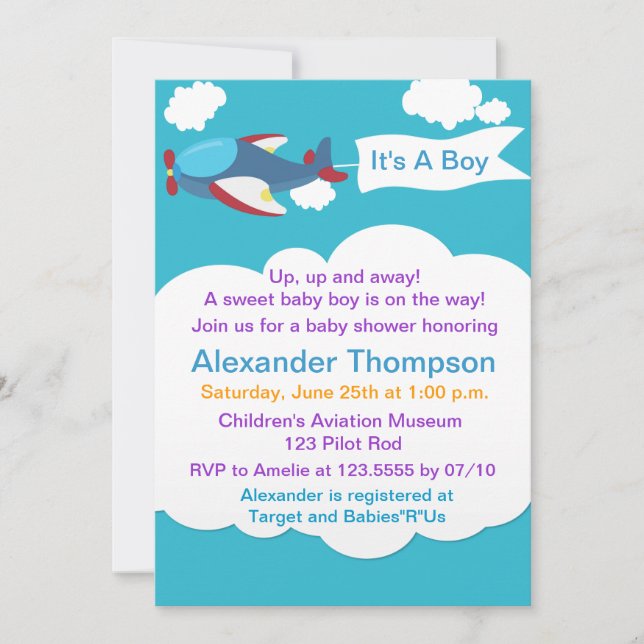 Invitación a Baby Shower de Cute Little Airplane (Anverso)