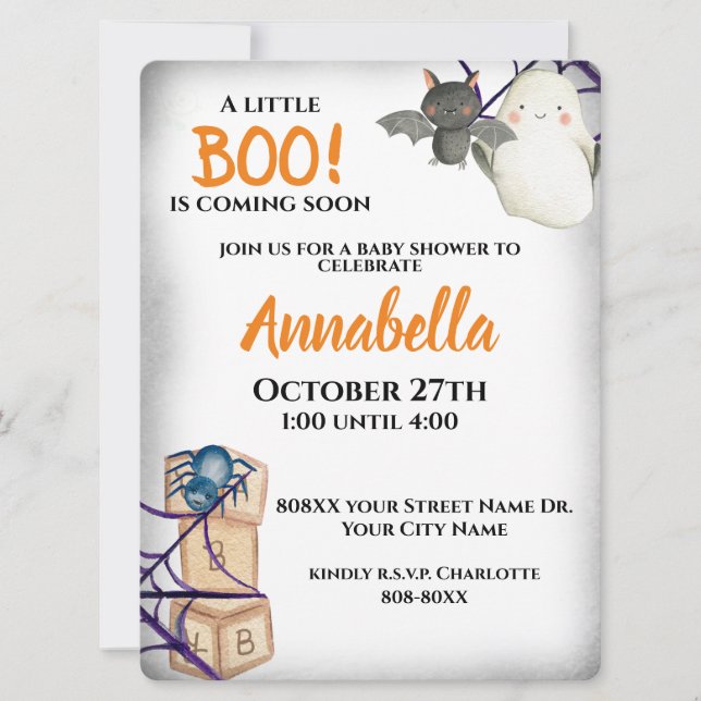Invitación a Baby Shower de Cute Little Boo Hallow (Anverso)