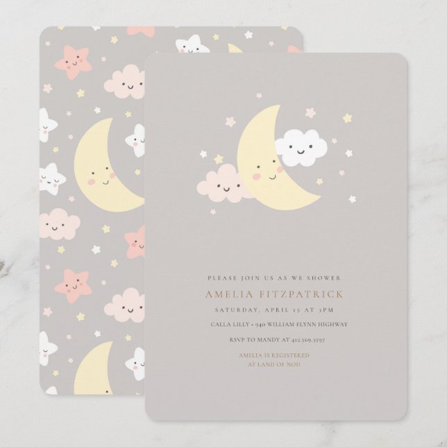 Invitación a Baby Shower de Cute Moon y Star (Anverso / Reverso)