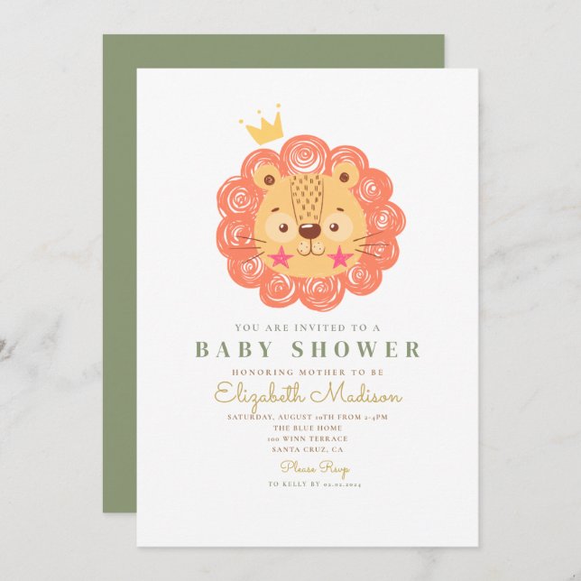 Invitación a Baby Shower de Cute Naranja Lion King (Anverso / Reverso)