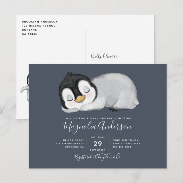 Invitación a Baby Shower de Cute Penguin (Anverso / Reverso)