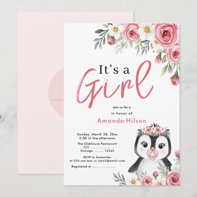 Invitación a Baby Shower de Cute Penguin (Anverso / Reverso)
