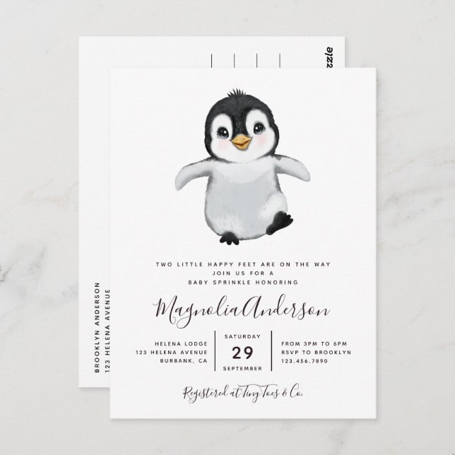 Invitación a Baby Shower de Cute Penguin (Anverso / Reverso)