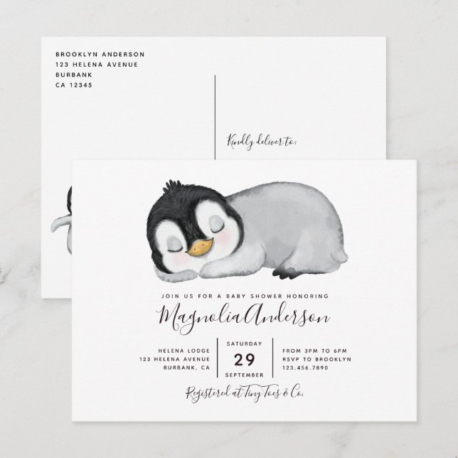 Invitación a Baby Shower de Cute Penguin (Anverso / Reverso)
