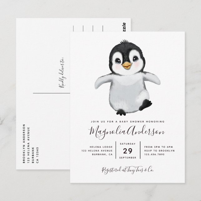 Invitación a Baby Shower de Cute Penguin (Anverso / Reverso)